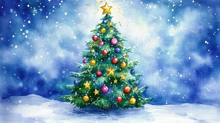 Obraz premium Watercolor artwork of a vibrant Christmas tree, decorated with playful ornaments and gold stars, standing proudly in a festive, snowy scene.