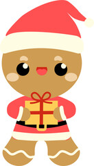 Cute cartoon Gingerbread man Santa Clause holding gift hand drawn vector kawaii character
