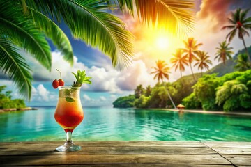 Surreal Cocktail Experience with Tropical Beaches and Lush Green Ocean, A Photorealistic Landscape in Bokeh and Symbolic Still Lifes for Poolside Relaxation
