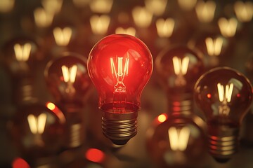 A glowing red light bulb stands out among many identical bulbs, creating a striking visual contrast in a warm, illuminated setting.