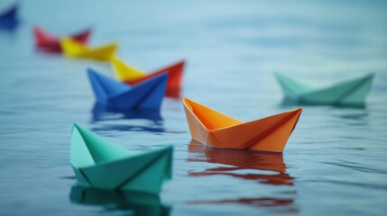 A collection of different colored and sized paper boats floating on water, Illustrating the journey and unity of diverse paths, minimalist composition