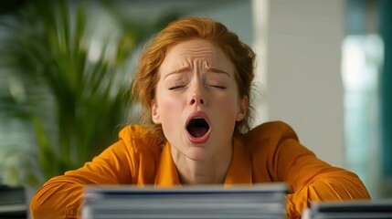 Tired Businesswoman Yawning at Desk Overwhelmed by Workload Office Stress