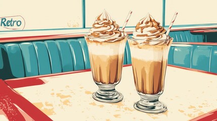 Two delicious milkshakes topped with whipped cream and served in retro glasses.