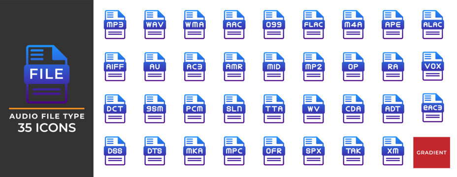 Set Audio File Gradient Icon. document file type format icons. suitable for websites and interfaces