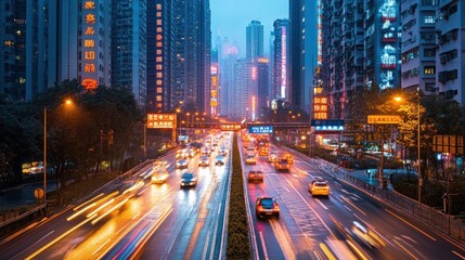 Fototapeta premium A vibrant cityscape at dusk, showcasing busy traffic and illuminated buildings.