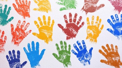 Fototapeta premium A collection of diverse handprints in different colors on a white canvas, Symbolizing unity and cooperation from varied backgrounds, minimalist composition