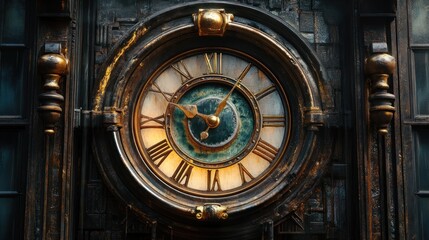 Obraz premium An ornate vintage clock with intricate details and a weathered finish.