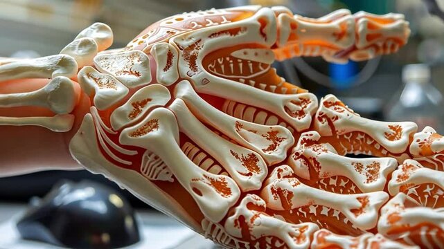 A detailed model of a human hand skeleton is placed on a table in a laboratory. Surrounding it are various scientific tools and equipment, showcasing an educational environment focused on anatomy.