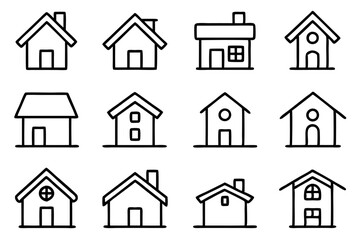 Set of home icons representing different house designs. Ideal for real estate, rentals, and home improvement themes. Simple vector illustrations for versatile use.