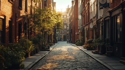 Fototapeta premium A serene cobblestone street lined with brick buildings and greenery, illuminated by sunset.