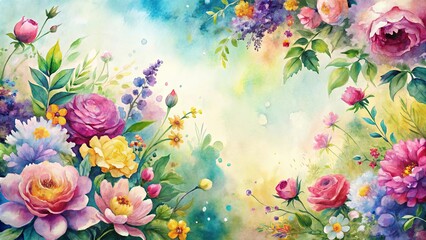 Vibrant Watercolor Painting of a Lush Floral Arrangement with Blooming Roses, Peonies, and Other Wildflowers on a Soft, Pastel Background