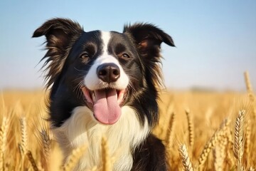 Fototapeta premium A happy dog posing in a golden wheat field under a clear blue sky.