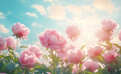 A vibrant field of blooming pink peonies under a bright sky, symbolizing beauty and nature.