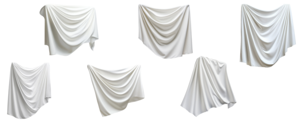 Set of white draped fabric pieces in various folds and styles, isolated on transparent background