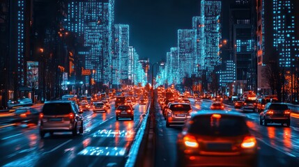 Fototapeta premium A vibrant cityscape at night, showcasing illuminated buildings and busy traffic.
