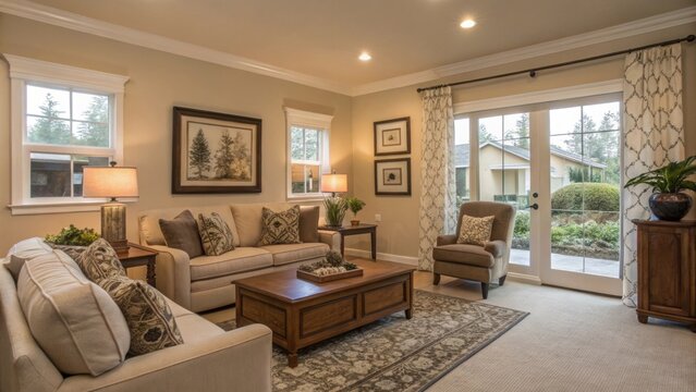 A cozy living room in a rental property staged beautifully for viewings with soft lighting and tasteful decor.