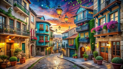 Naklejka premium Surreal Exploration of Pontevedra Street: A Dreamlike Journey Through the Enchanting City’s Architectural Wonders and Colorful Street Life, Blending Reality with Imagination