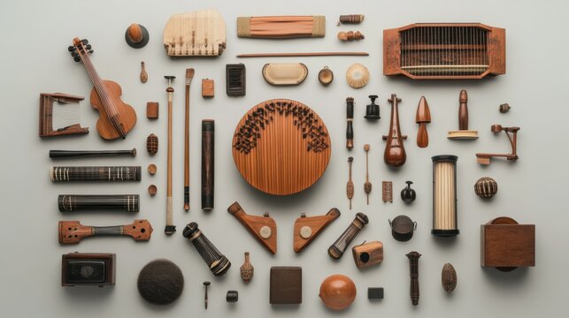 A collection of diverse musical instruments arranged in a circle, Illustrating the harmony of different voices and cultures, minimalist composition