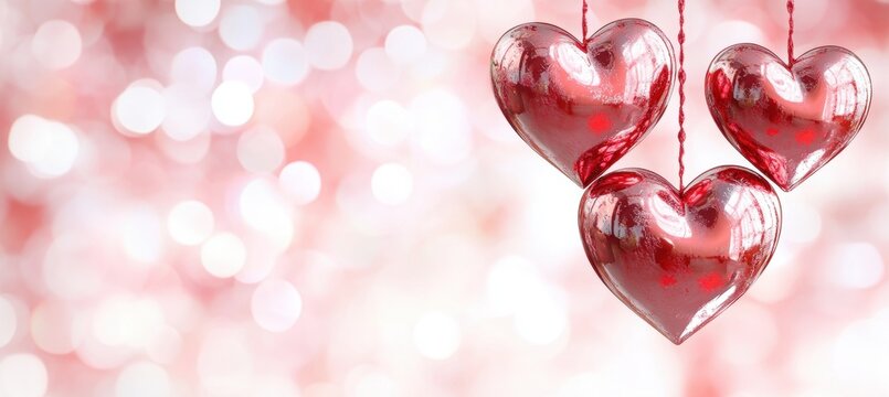 Shiny Red Hearts Hanging on Strings with a Soft Blurred Background, Perfect for Romantic Themes, Valentine's Day Celebrations, or Love Decor Accents