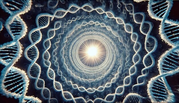 DNA en cadena circular, gira al rededor de una luz central. Representa la importancia del DNA en el universo. 