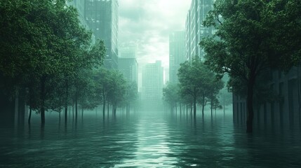 Obraz premium A flooded urban landscape with trees emerging from the water in a misty atmosphere.