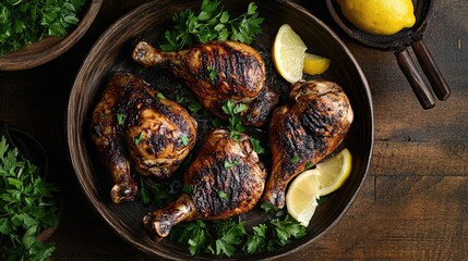 Fried Chicken with Golden Crust on Wooden Plate