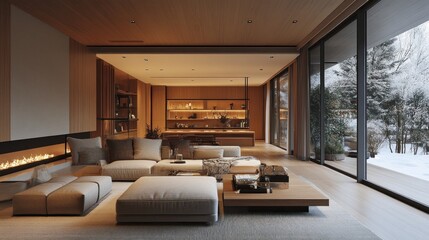 A modern living room with minimalist design, warm wood tones, and a cozy atmosphere.