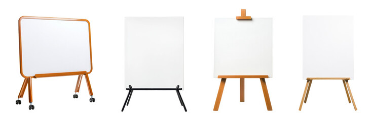 Set of blank whiteboards and easels, isolated on transparent background