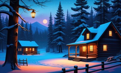 Cozy winter cabin scene with snowy landscape and starry sky