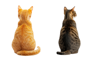 Back view of two cats sitting isolated on transparent background