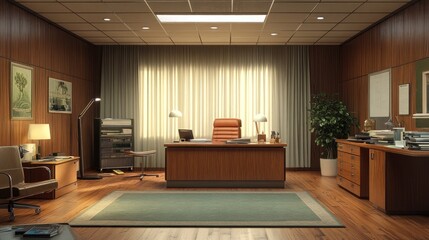 A well-furnished office space with wooden decor, desk, chair, and ambient lighting.