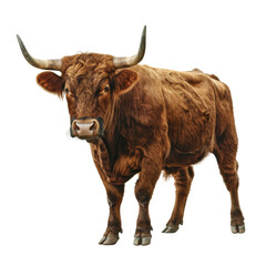 Majestic Brown Cow Stands Proudly Against a Transparent background, Showcasing Its Impressive Horns and Unique Texture of Its Fur for All to See