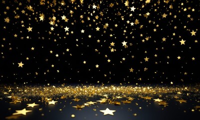 Naklejka premium Golden stars falling on black background: magical festive celebration atmosphere