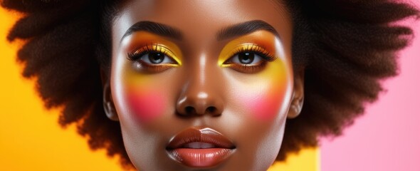 Obraz premium Vibrant makeup on afrohaired model against colorful background