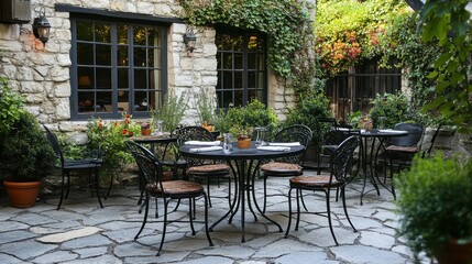Fototapeta premium Charming Courtyard Cafe Stone Patio Metal Chairs Greenery