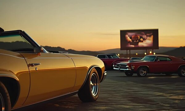 Classic Vintage Car Parked at Sunset with Drive-in Movie Theater in the Background, Nostalgic Evening Scene, Retro American Automobile Vibes with ai generated.