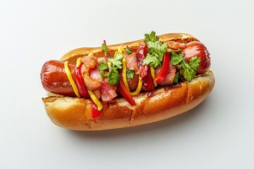A delicious hot dog topped with bacon, peppers, and cilantro, served in a soft bun.