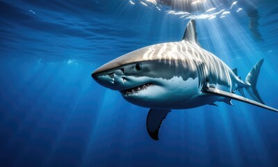 Fototapeta premium Great white shark gliding through sunlit ocean depths