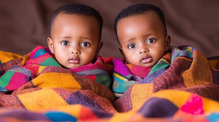 Siblings of Ethiopia: Twin Sisters Wrapped in Traditional Blankets Embracing a Natural Bond under Warm Lighting