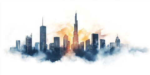 Dreamlike Urban Landscape with Skyscrapers Rising Above the Clouds in Watercolor