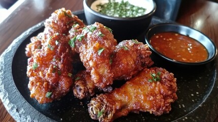 Crispy Fried Chicken Wings on Black Plate