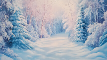 A whimsical winter scene in soft pastels captures the magic of a snowy wonderland. Enchanted Winter Woods. Illustration