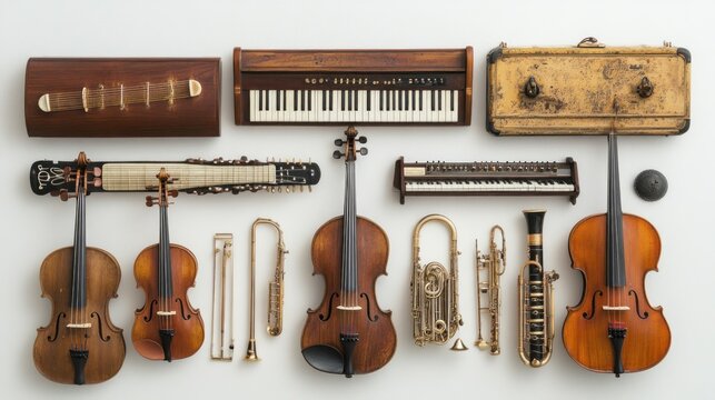 A collection of various musical instruments arranged artistically for display.
