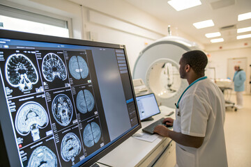 Obraz premium MRI scans display showing detailed sections and angles of the brain on screen at hospital