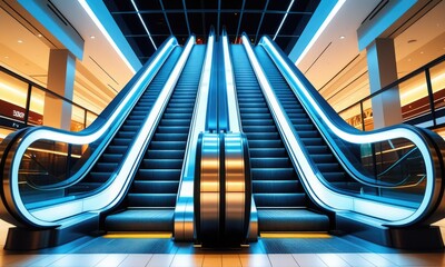 Modern escalator design: futuristic architecture in shopping mall interior