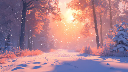 Naklejka premium A serene winter landscape featuring soft snowfall and sunlit trees in a tranquil forest setting during the early morning. Enchanted Winter Woods. Illustration