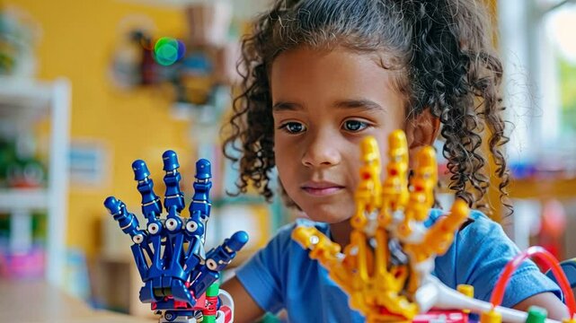 A young girl explores her creativity by wearing blue and yellow robotic hands while sitting at a table in a vibrant workshop filled with educational materials.