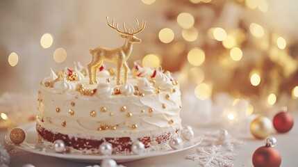A festive cake decorated with a golden reindeer and surrounded by holiday ornaments.