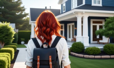 Woman with backpack exploring suburban neighborhood with red hair and blue house