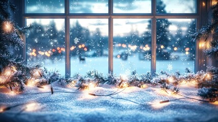 Naklejka premium Snowy Window Scene with Lights Design Elements: A picturesque snow-covered window scene, with frosted windowpanes and twinkling 